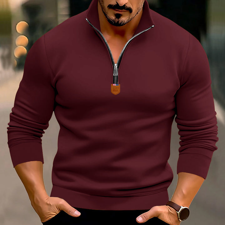 Men's narrow cut fine knit pullover with short zipper, shaping seams, and stretch waistband Mune Fashion