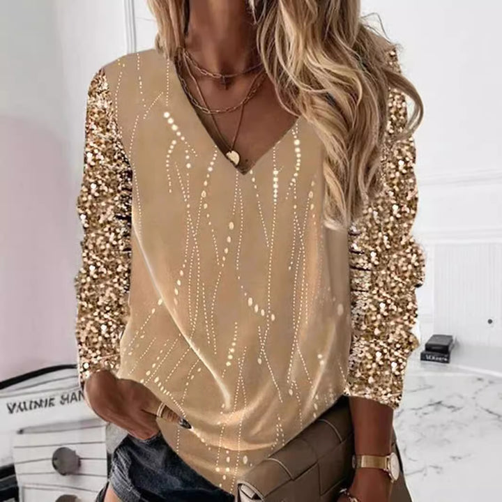 Women's Festive V-Neck Blouse with Sequin Sleeves and Light Draping