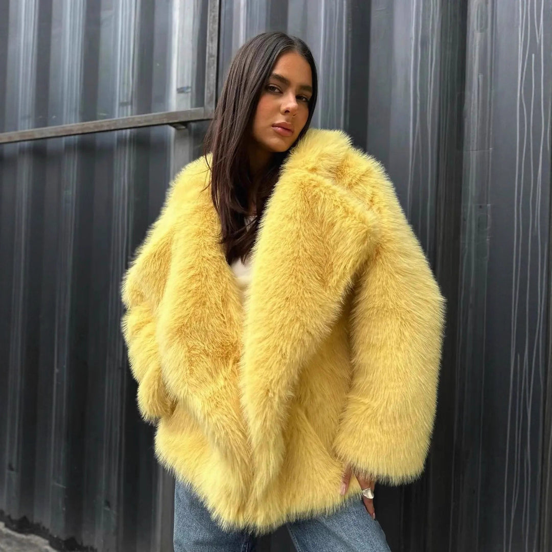 Women’s Short Oversized Faux Fur Coat with Voluminous Shawl Collar Mune Fashion