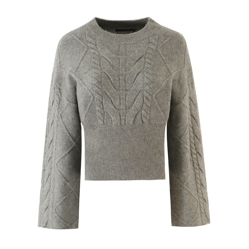 Women's Short-Cut Braided Knit Sweater with Wide Sleeve and Ribbed Hem Mune Fashion