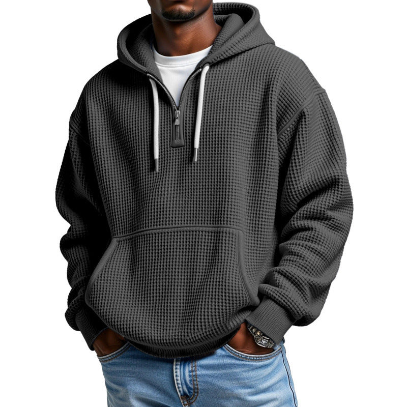 Men's Waffle Knit Halfzip Hoodie with Kangaroo Pocket Mune Fashion