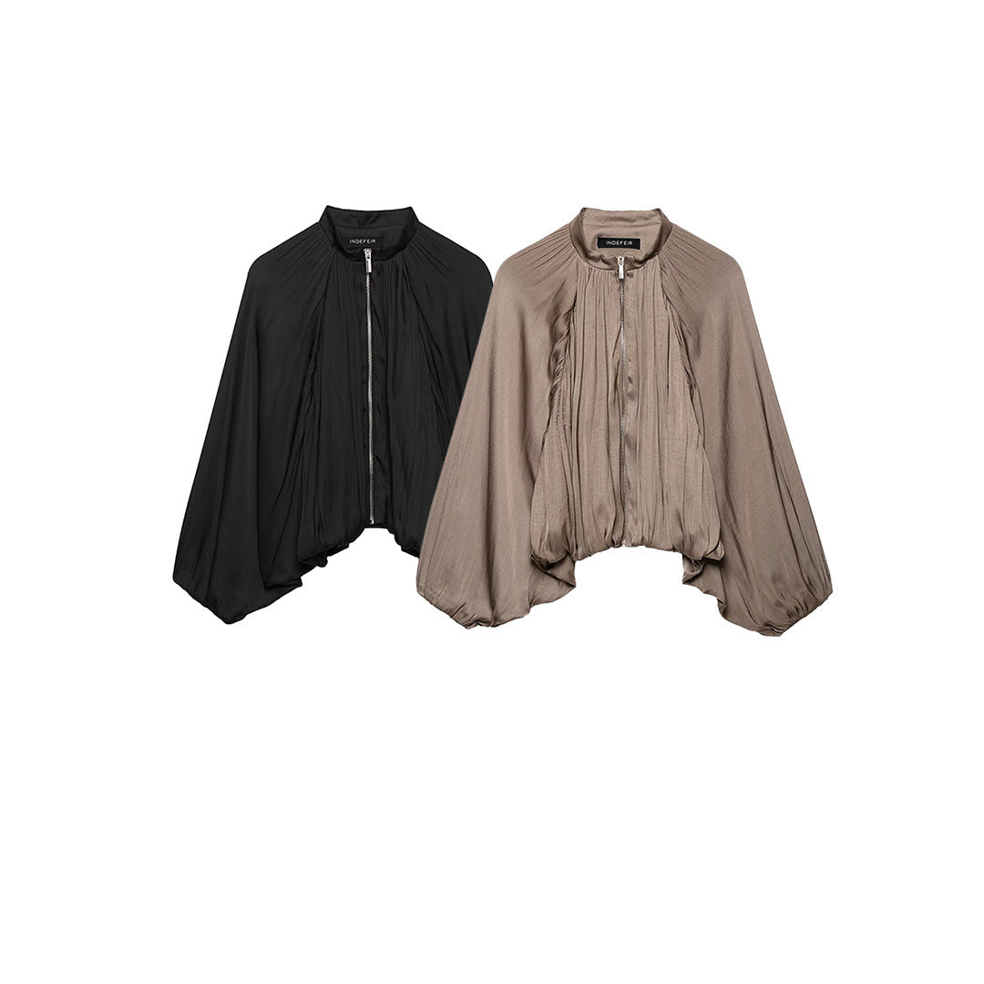 Women Pleated Cropped Cape Jacket with Zipper and Ballooned Hem Mune Fashion