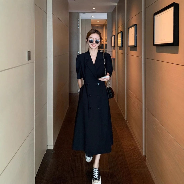 Ladies Double-Breasted Long Blazer Coat with Tailored Cut and Structured Shoulders Mune Fashion