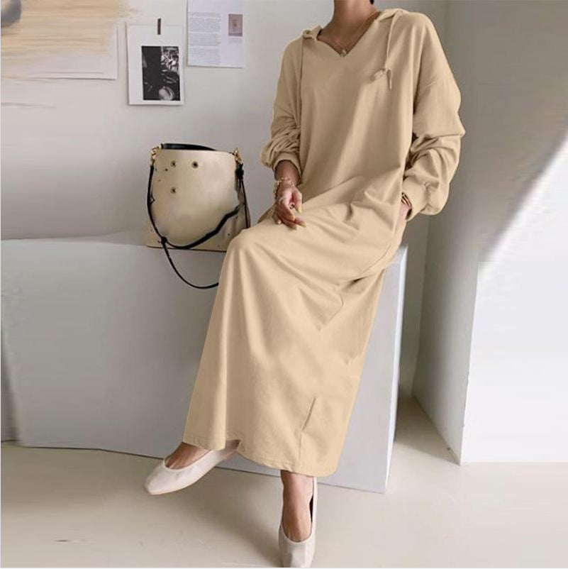 Women's casual hooded maxi dress with V-neck, long sleeves, loose straight cut, and elastic cuffs Mune Fashion