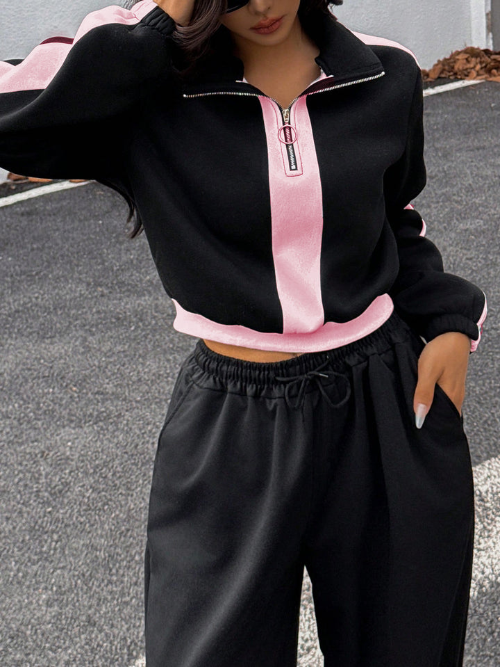 Women's short sweatshirt with half zipper and elastic waistband jogging pants set Mune Fashion