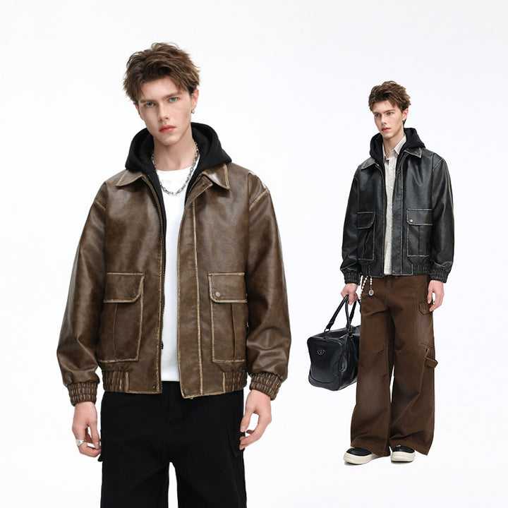 Men's Oversized Faux-Leather Bomber Jacket with Removable Hood and Utility Pockets Mune Fashion