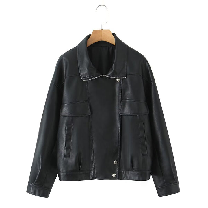 Women's Oversized Faux Leather Blouson Jacket with Asymmetric Zipper and Flap Pockets Mune Fashion