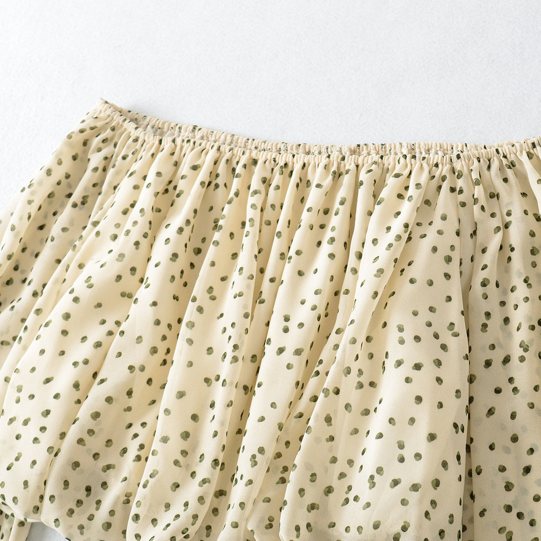 Ladies Carmen Cropped Chiffon Blouse with Elastic, Ruffle Trim and Long Balloon Sleeves Mune Fashion