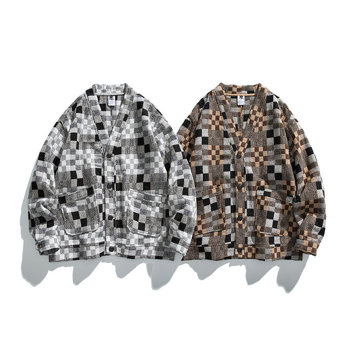 Unisex Boxy Cardigan in Patchwork Check with V-neck, snap front, and patch pockets Mune Fashion