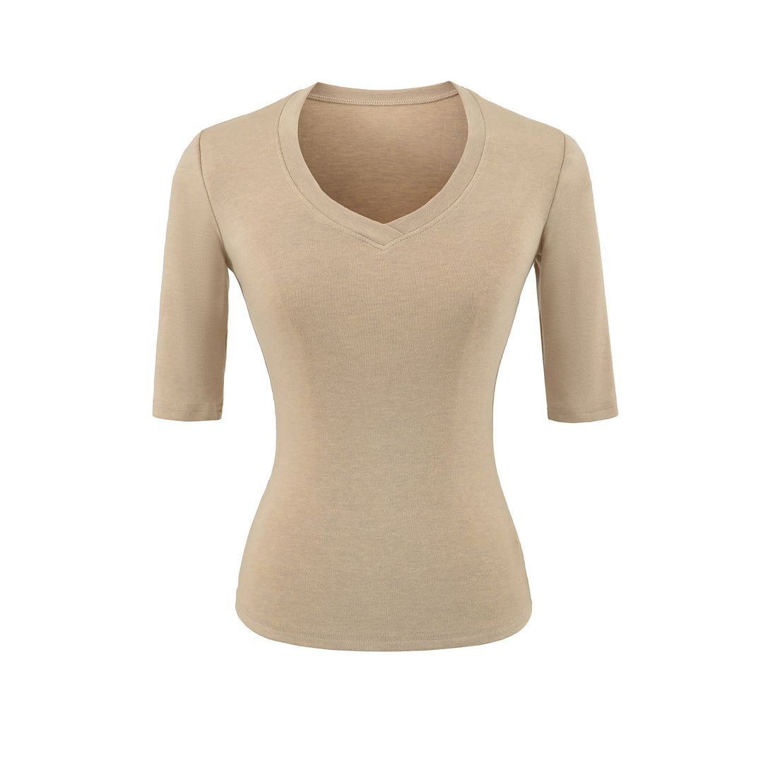 Women's Fitted V-Neck Three-Quarter Sleeve Fine Rib Top made of Stretch Jersey Mune Fashion