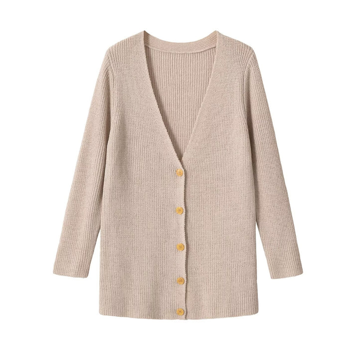 Women Longline Knit Cardigan with V-Neck and Wooden Buttons Drune