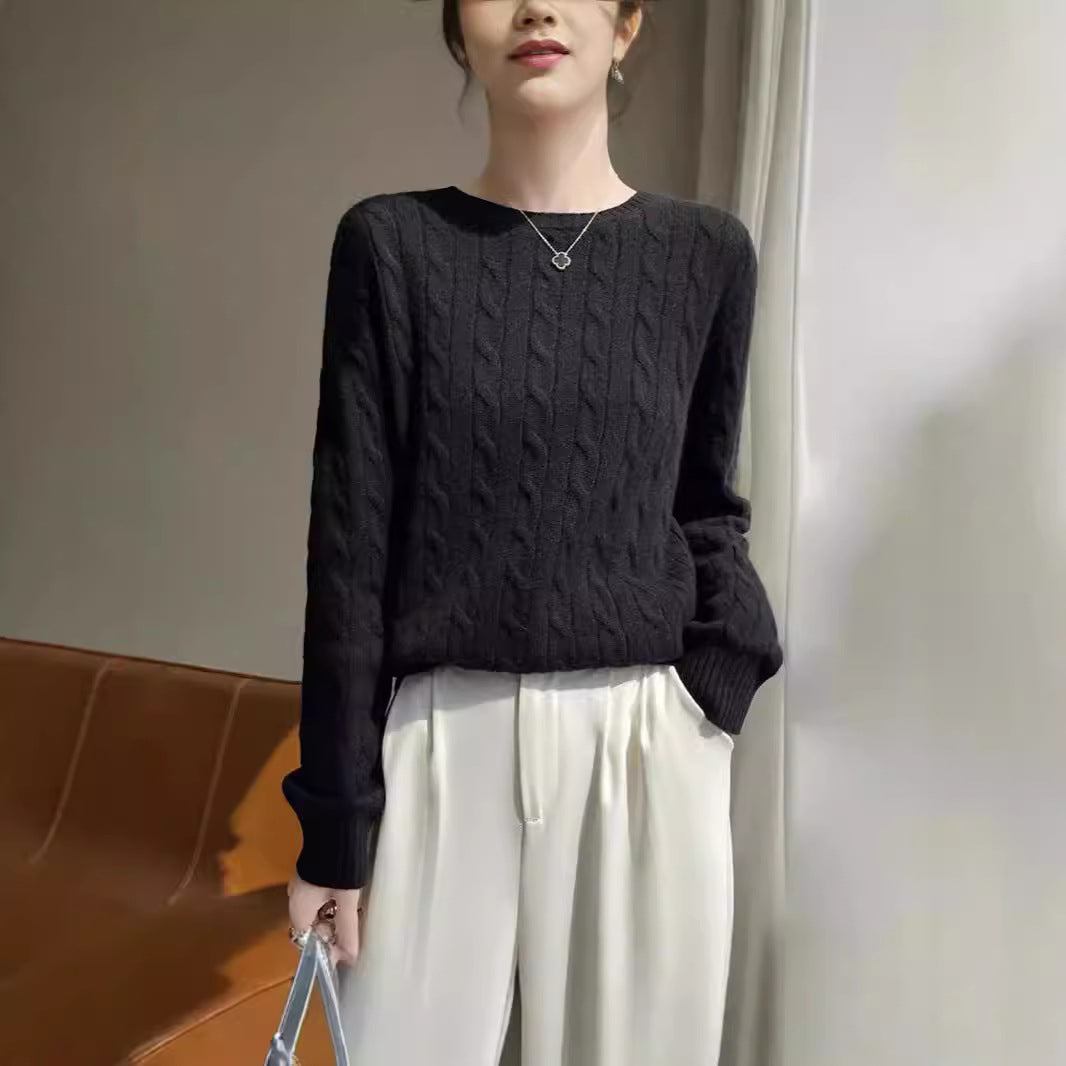 Women's cable knit round neck sweater made of soft wool blend with ribbed cuffs Mune Fashion