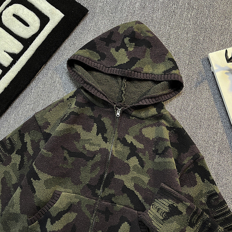 Men's knit hoodie jacket in camouflage look with zipper and used details Mune Fashion