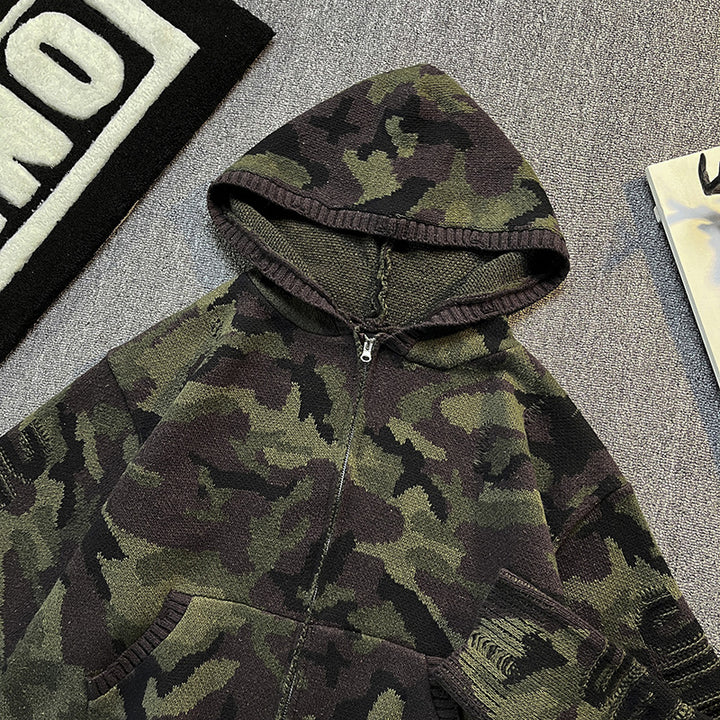 Men's knit hoodie jacket in camouflage look with zipper and used details Mune Fashion