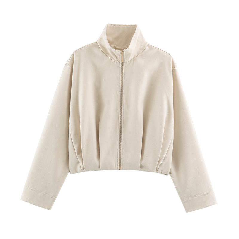 Women Boxy-Cropped Blouson Jacket with high stand-up collar and fitted elastic waistband Drune
