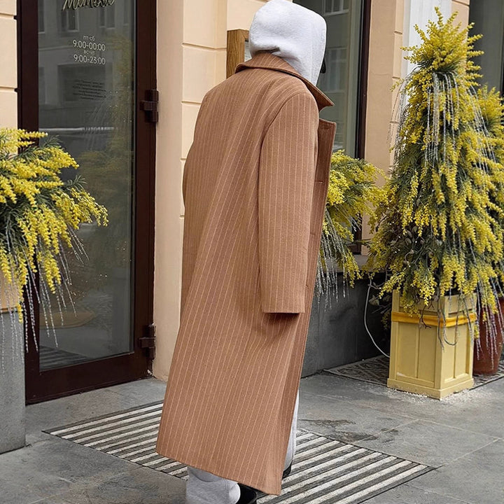 Women Double-Breasted Oversized Wool Blend Coat with Pinstripes and Loose Fit Mune Fashion