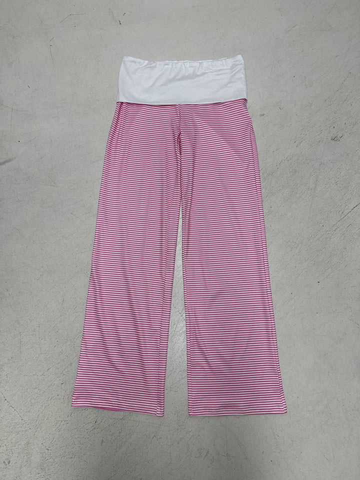 Women's lounge pants with high foldover waistband, wide leg, and fine stripe pattern Mune Fashion