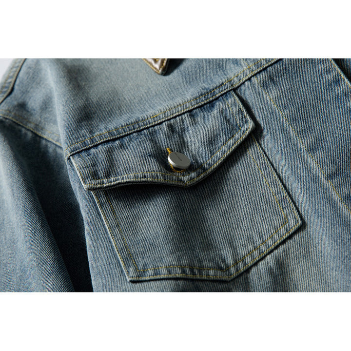 Unisex Boxy Denim Jacket with Leather Collar, Snap Button Placket and Flap Pockets Mune Fashion
