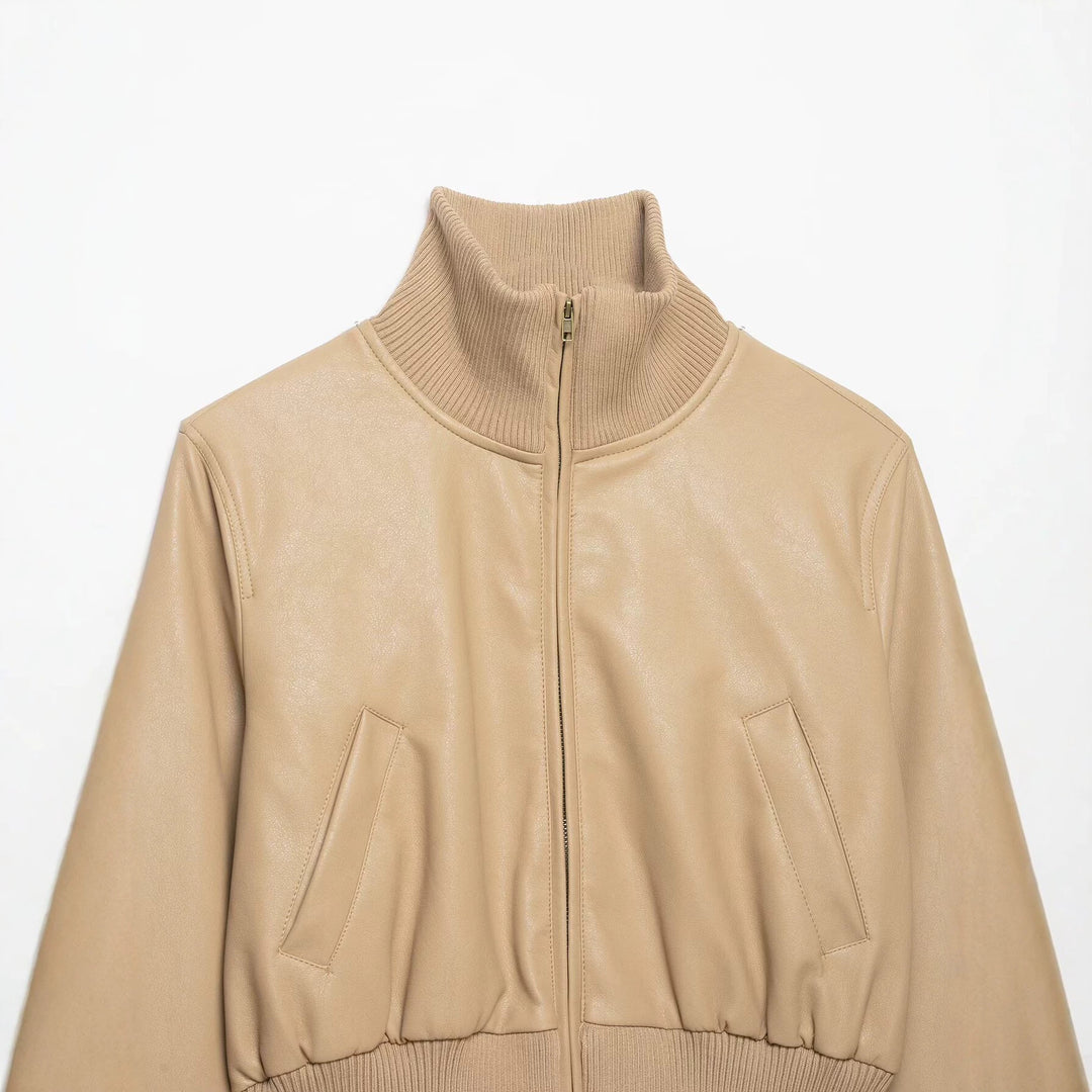 Women's short-cut leather blouson with high ribbed collar Mune Fashion