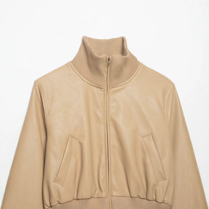 Women's short-cut leather blouson with high ribbed collar Mune Fashion