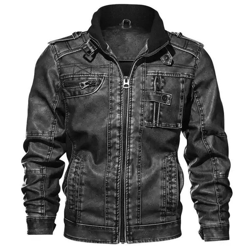 Men's biker jacket made of synthetic leather with stand-up collar, striking decorative seams, and multiple pocket details Mune Fashion