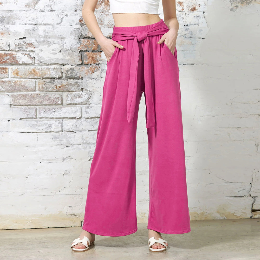 Women Wide Jersey Pants with High Waist and Tie Belt Mune Fashion