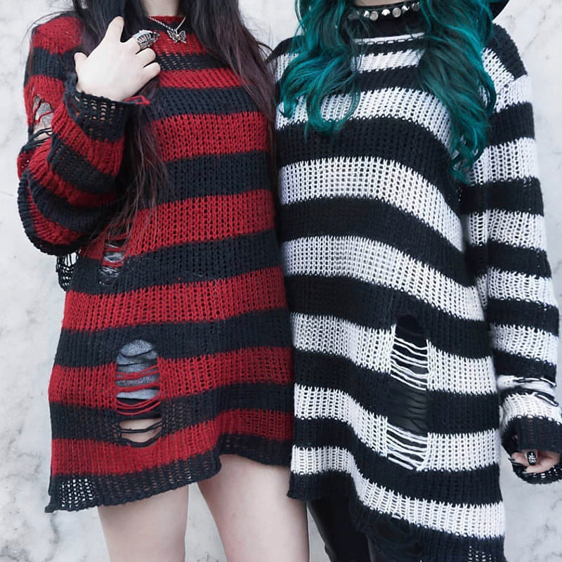 Women's oversized chunky knit sweater with wide block stripes and distressed design Mune Fashion
