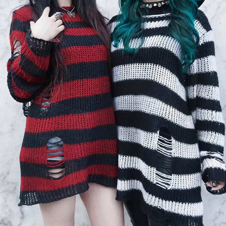 Women's oversized chunky knit sweater with wide block stripes and distressed design Mune Fashion