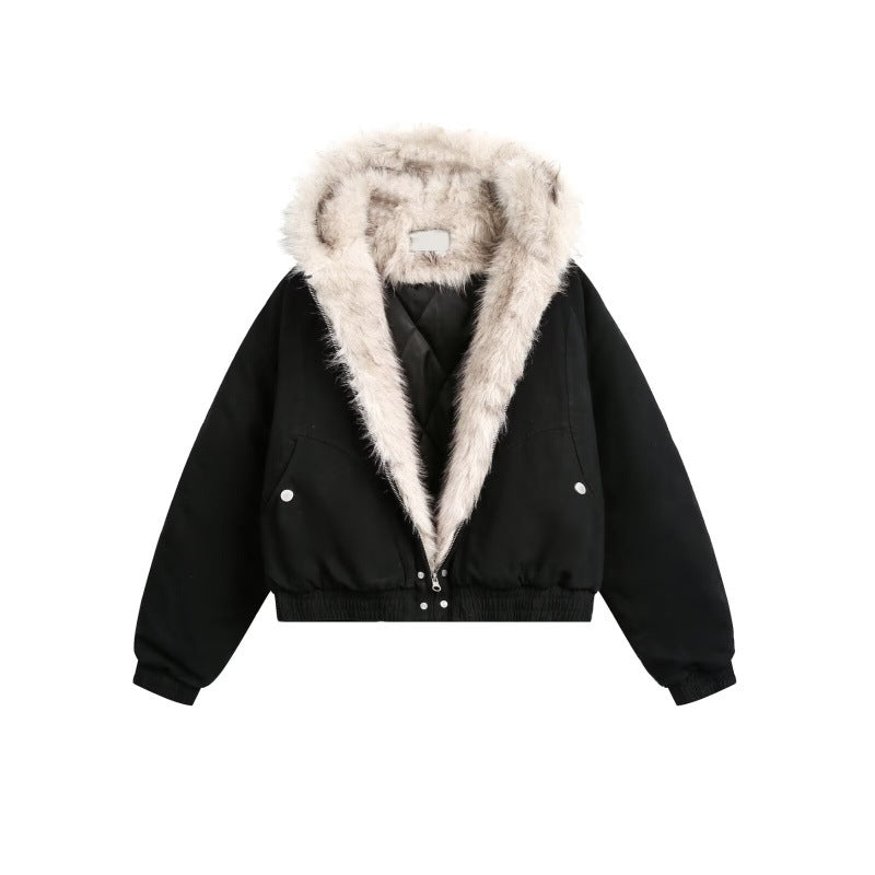 Women Short Cut Quilted Bomber Jacket with Hood and Faux Fur Collar Mune Fashion