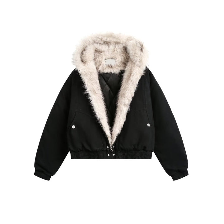 Women Short Cut Quilted Bomber Jacket with Hood and Faux Fur Collar Mune Fashion
