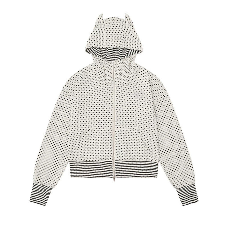 Ladies Hooded Sweat Jacket with Zipper, Ear Application and Allover Dots Mune Fashion