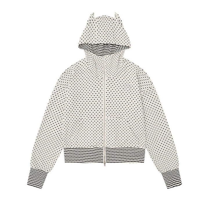Ladies Hooded Sweat Jacket with Zipper, Ear Application and Allover Dots Mune Fashion