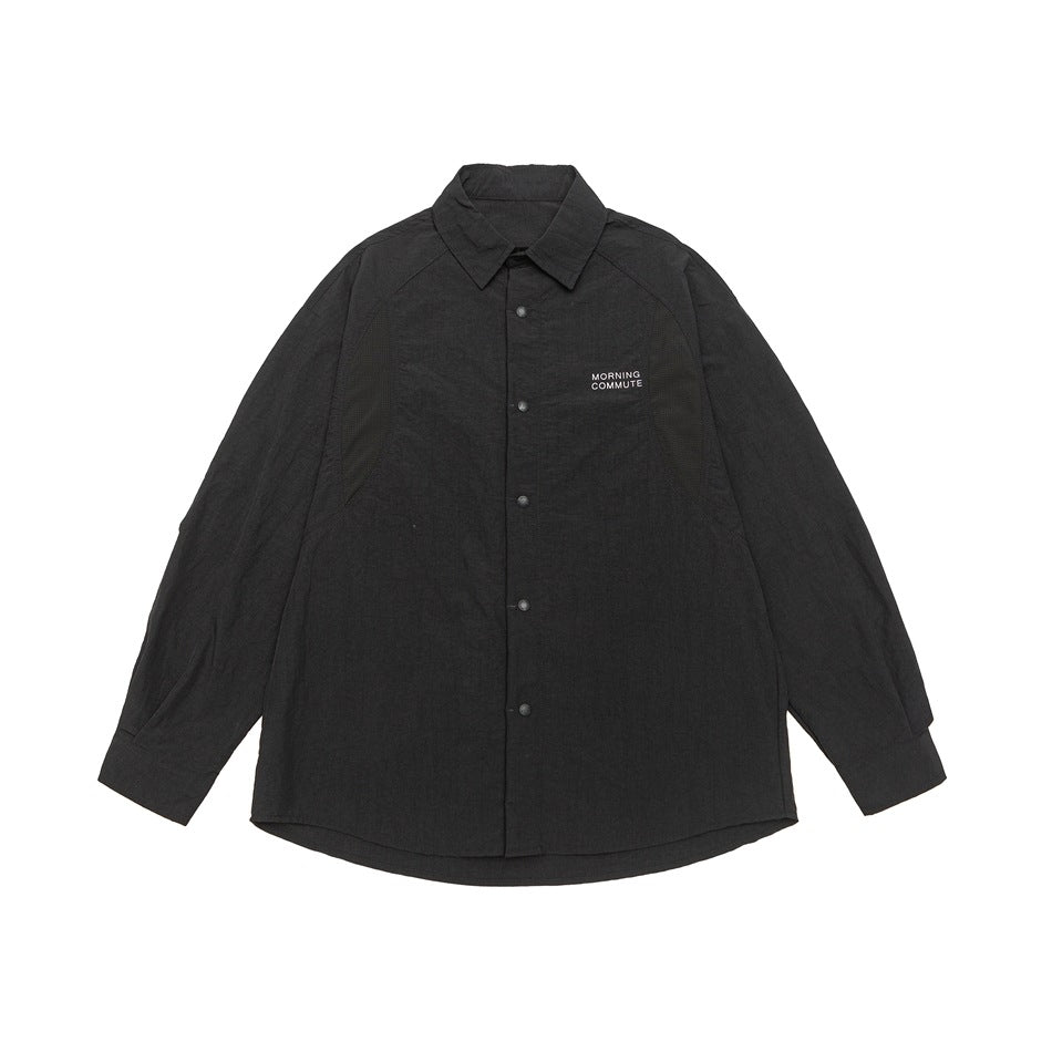 Unisex Relaxed Coach Shirt Jacket with Kent Collar, Snap Button Placket and Minimal Chest Print Mune Fashion