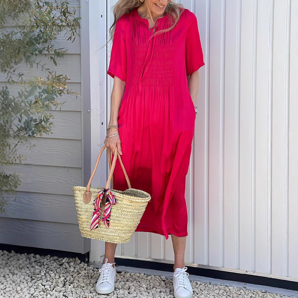 Women's casual midi dress with gathered bust panel, delicate slip collar, tie belt, and side pockets Mune Fashion