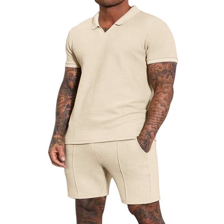 Men's short-sleeved half-collar knit set with fine waffle structure and straight-cut shorts Mune Fashion