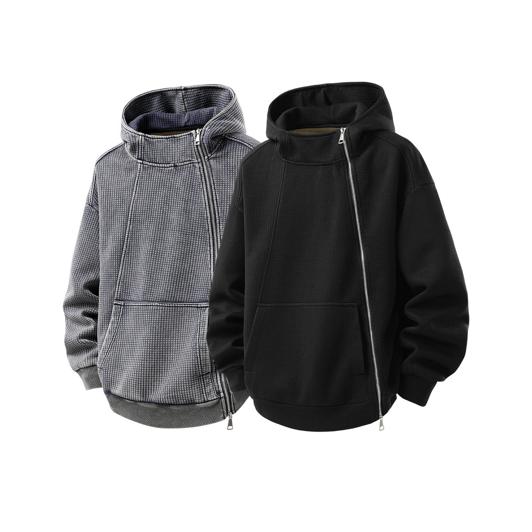 Unisex Asymmetric Hoodie with High Collar, Diagonal Zipper and Kangaroo Pocket Drune