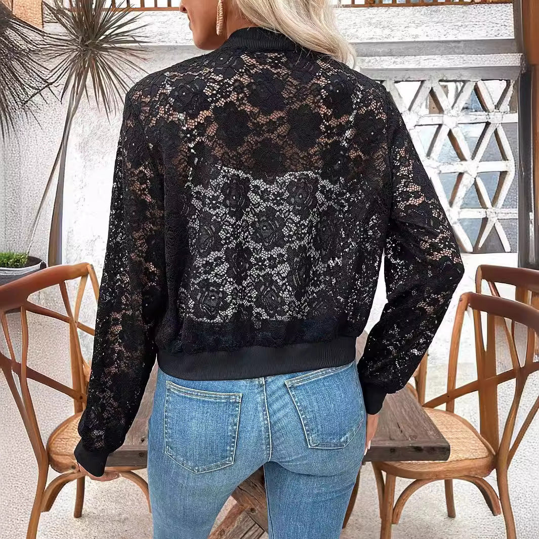 Women's Nan Bomber Jacket with Zip, Ribbed Cuffs and Floral Transparency Mune Fashion