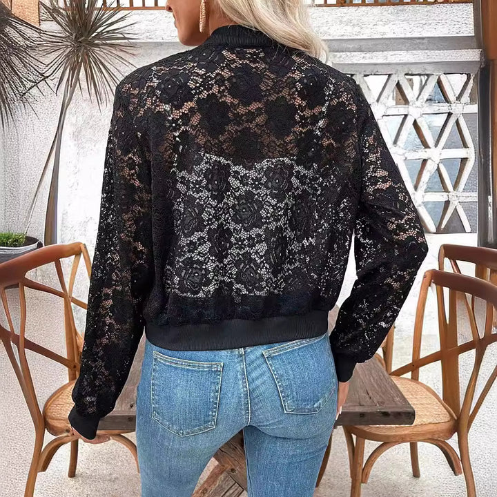 Women's Nan Bomber Jacket with Zip, Ribbed Cuffs and Floral Transparency Mune Fashion