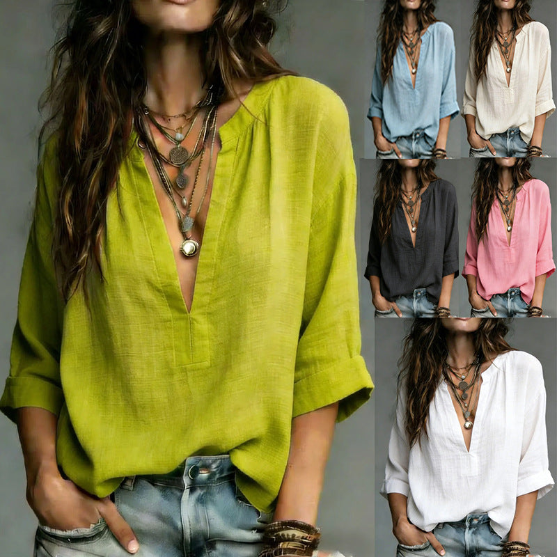 Women's Lightweight V-Neck Tunic in Linen Look with 3/4 Sleeves Mune Fashion