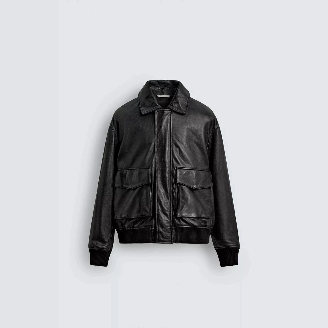 Men's smooth leather blouson in pilot style with shirt collar and patch flap pockets Mune Fashion