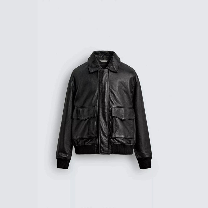 Men's smooth leather blouson in pilot style with shirt collar and patch flap pockets Mune Fashion