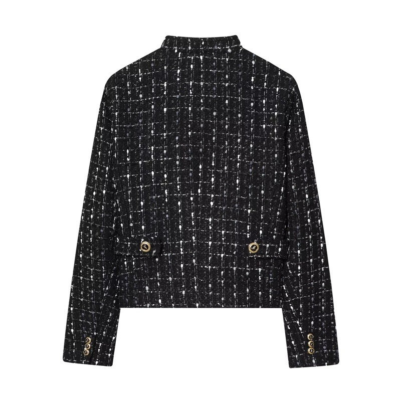 Women's short bouclé tweed jacket with stand-up collar, decorative buttons and patch pockets Mune Fashion