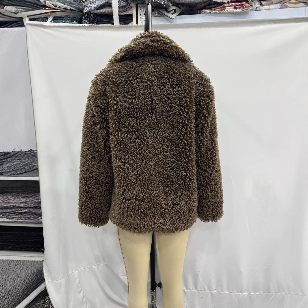 Women's teddy fur coat jacket with large shawl collar, warming padding and concealed closure Mune Fashion