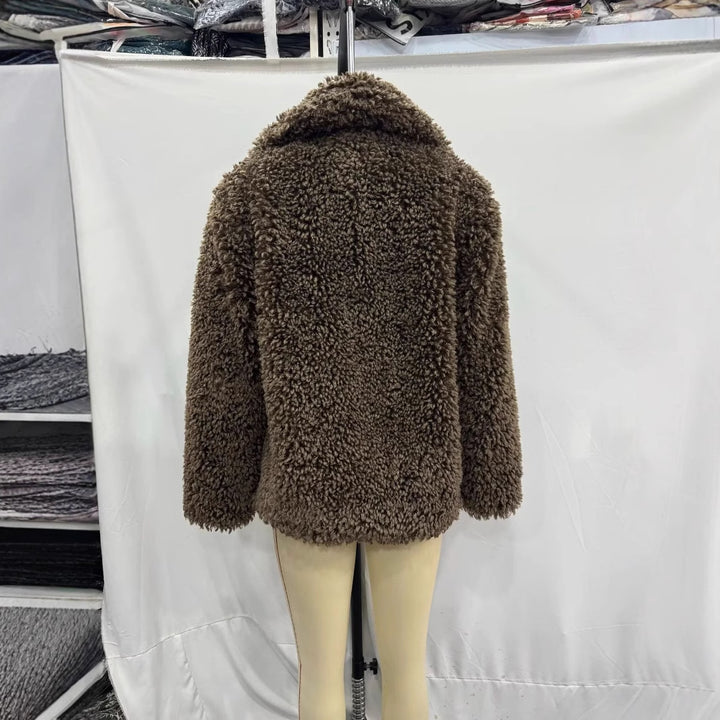 Women's teddy fur coat jacket with large shawl collar, warming padding and concealed closure Mune Fashion