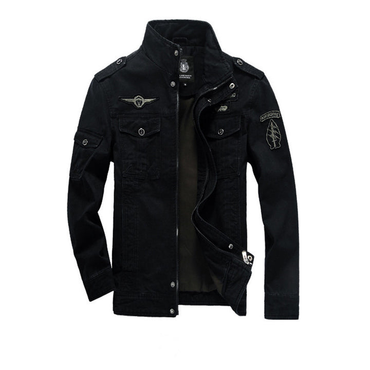 Men's canvas field jacket in military utility style with stand-up collar, epaulettes, and multifunctional pockets Mune Fashion