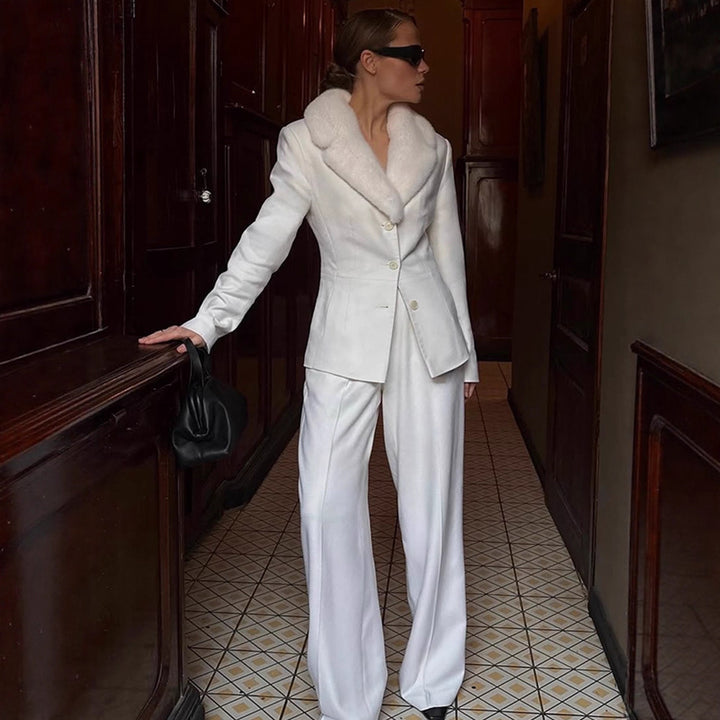 Ladies Tailored Blazer with Faux Fur Shawl Collar & Wide Pleated Trousers Mune Fashion