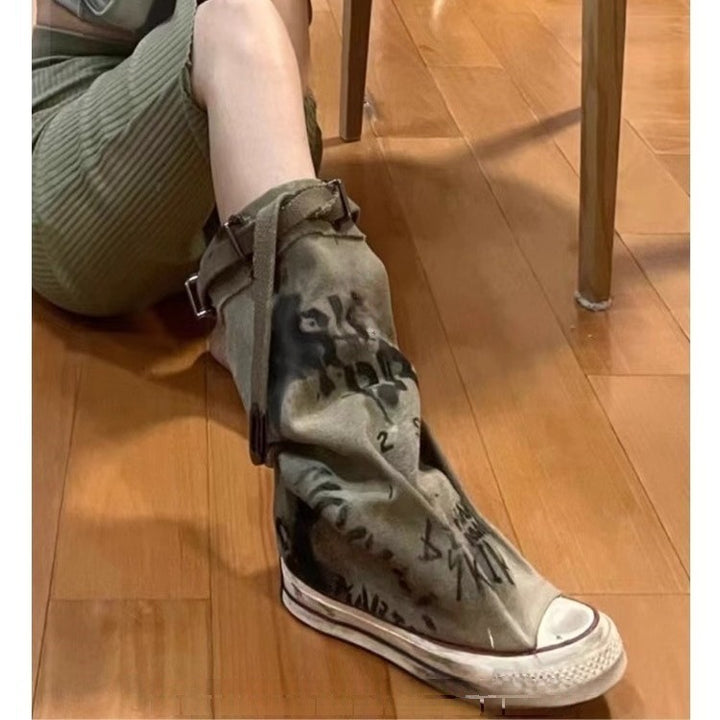 Women Slouchy Canvas High-Top Sneaker Boots with Strap and Graffiti Print Mune Fashion