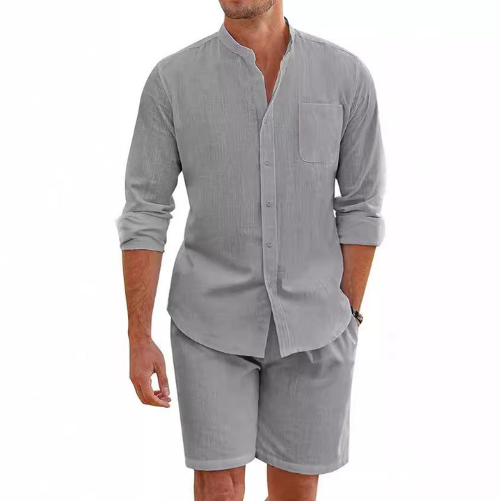 Men's linen-look two-piece set with stand-up collar shirt, chest pocket, and casual shorts Mune Fashion