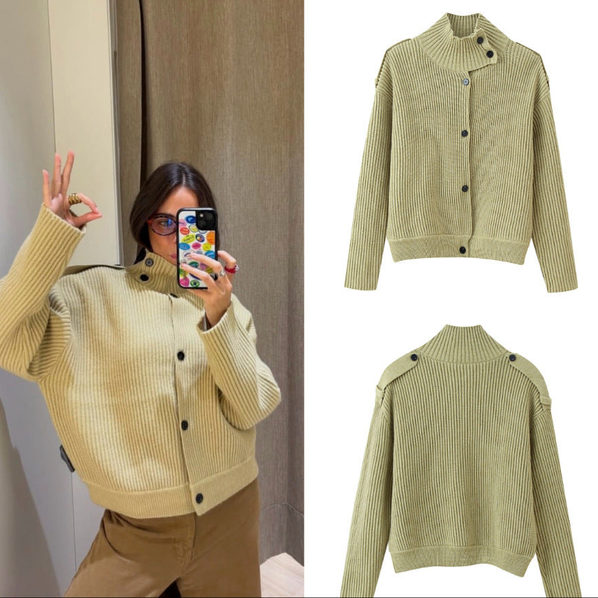 Women's 80+ short ribbed knit cardigan with high stand-up collar and button placket Mune Fashion