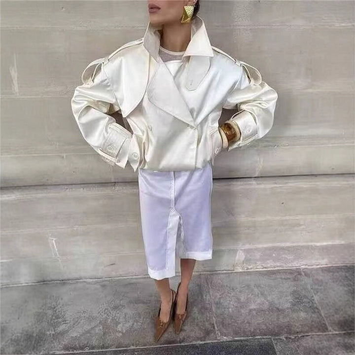 Women Short Boxy Double-breasted Trench with Drawstring and Decorative Shoulder Straps Mune Fashion